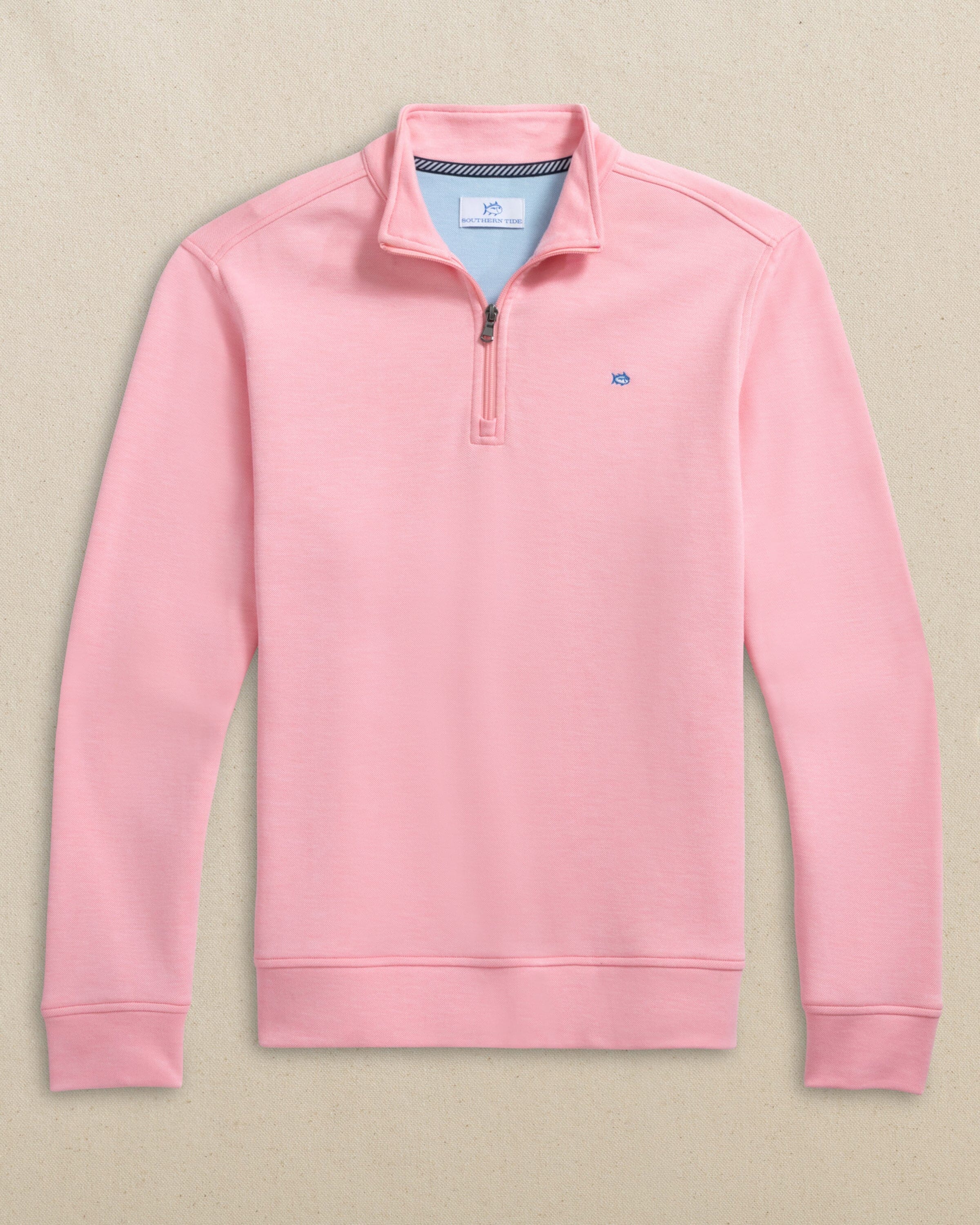 The front view of the Southern Tide Sandy Cove Pique Quarter Zip by Southern Tide - Sea Pink